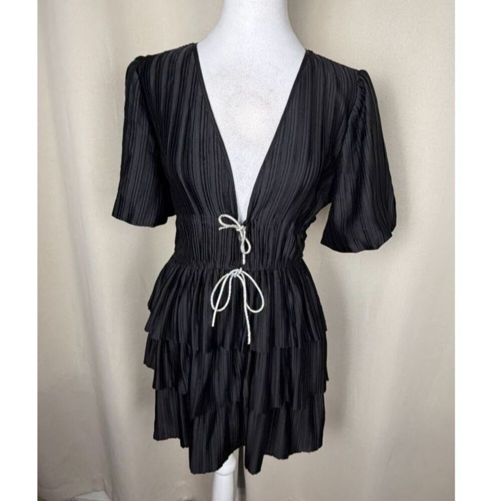 WAYF Pleated Mini Dress Black Deep V Ruffle Hem Size S NWT